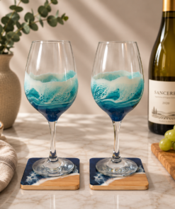 Sea Glass Wine Glass Coaster Gift Set x 2 - Coastal Gift, Beach House Decor