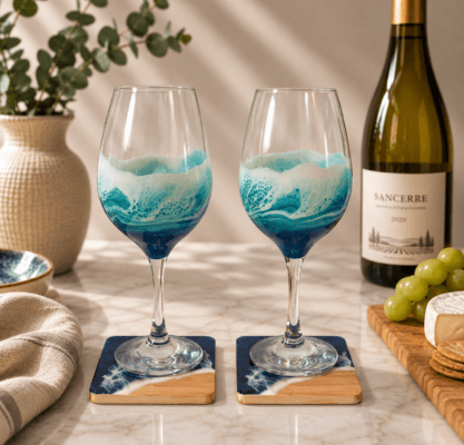 Sea Glass Wine Glass Coaster Gift Set x 2 - Coastal Gift, Beach House Decor